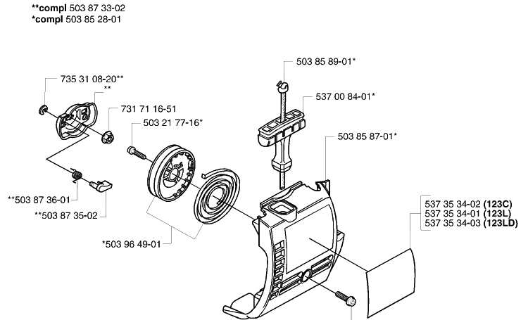 Starter Diagram and Parts List for 123L 2004-01 Husqvarna Trimmer
