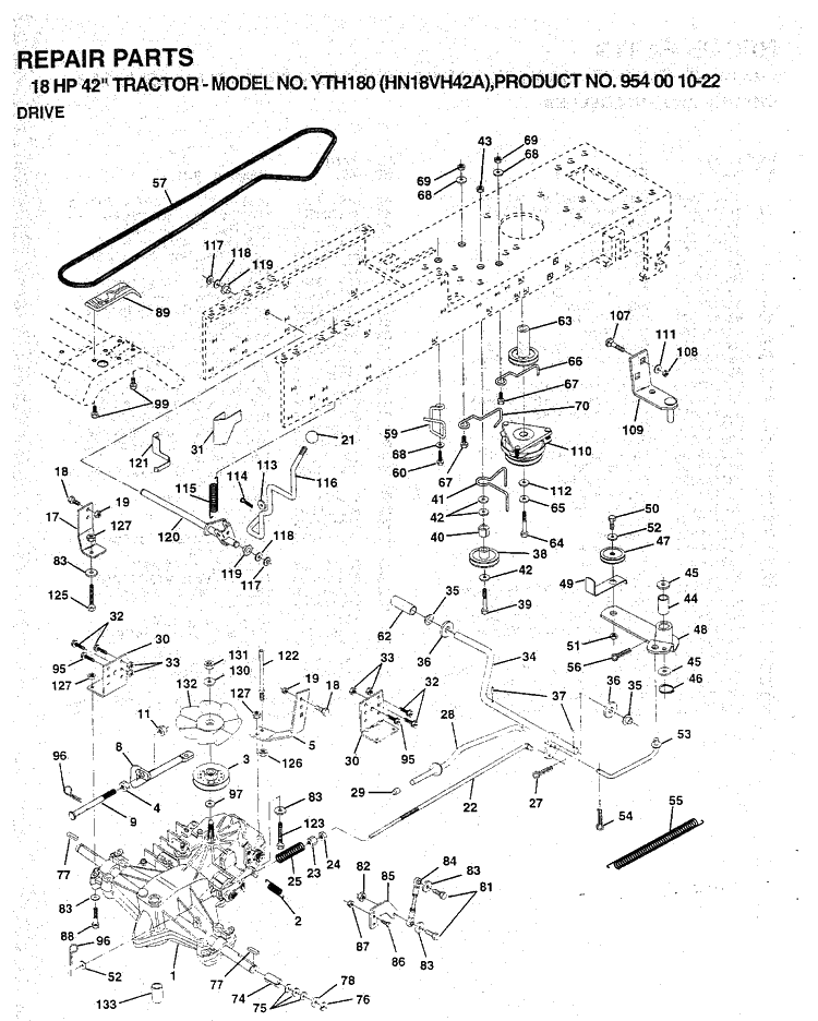 Drive Diagram and Parts List for YTH180 (954001022)(1994-03) Husqvarna Lawn Tractor