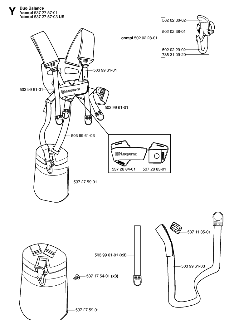 Harness Diagram and Parts List for 323R 20070100001-20144900000 Husqvarna Brush Cutter