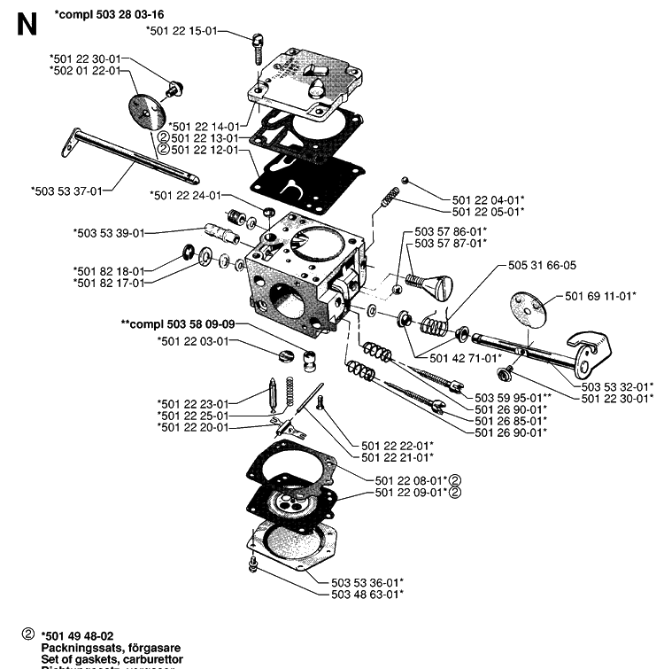 Carburetor Details Diagram and Parts List for 268 19970100001-19994500000 Husqvarna Chainsaw