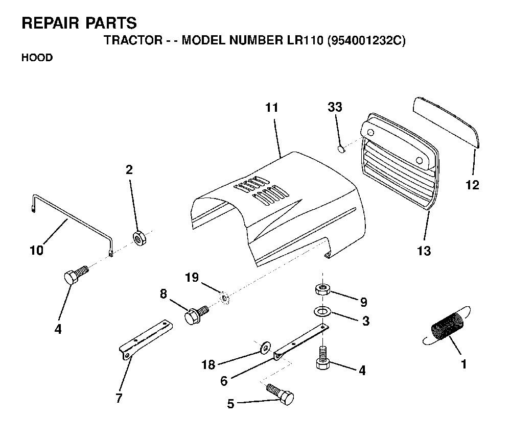 Hood Diagram and Parts List for LR110 (954001232C)(1995-08) Husqvarna Lawn Tractor