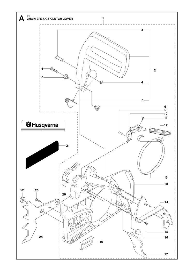 Chain Brake And Clutch Cover Diagram and Parts List for 61  Husqvarna Chainsaw