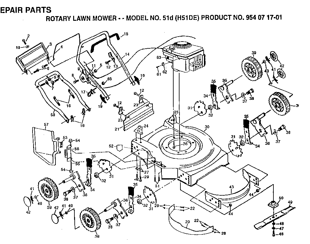 Product Complete Diagram and Parts List for 51DH51DE 954071701, 1995 Husqvarna Lawn Mower