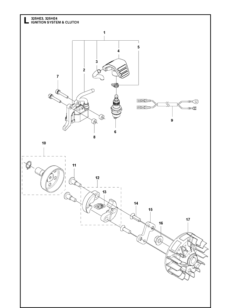 Ignition System And Clutch Diagram and Parts List for 325HE3 966787601 from 20150100001-current Husqvarna Hedge Trimmer