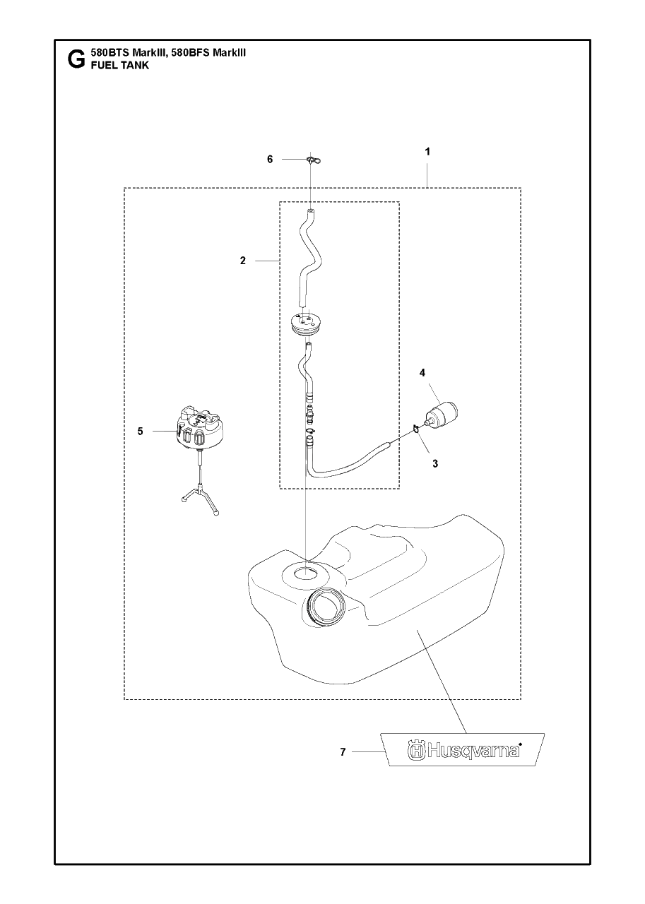 Fuel Tank Diagram and Parts List for 580BFS-BTS Mark III Husqvarna Leaf Blower / Vacuum