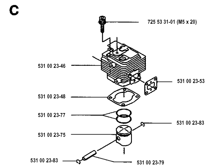 Cylinder Piston Diagram and Parts List for 125E  Husqvarna Edger