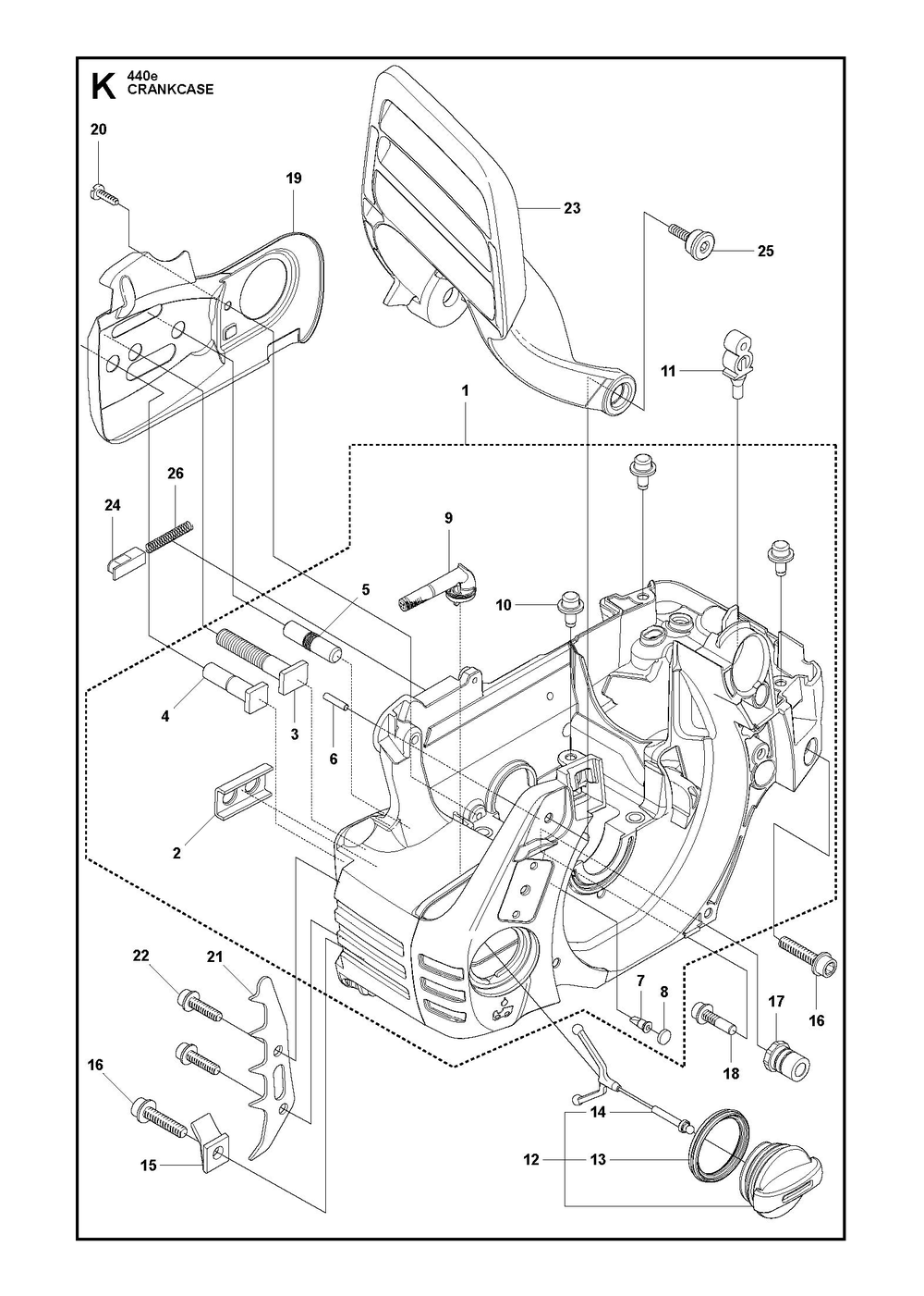 Crankcase Diagram and Parts List for 440 e-series Husqvarna Chainsaw