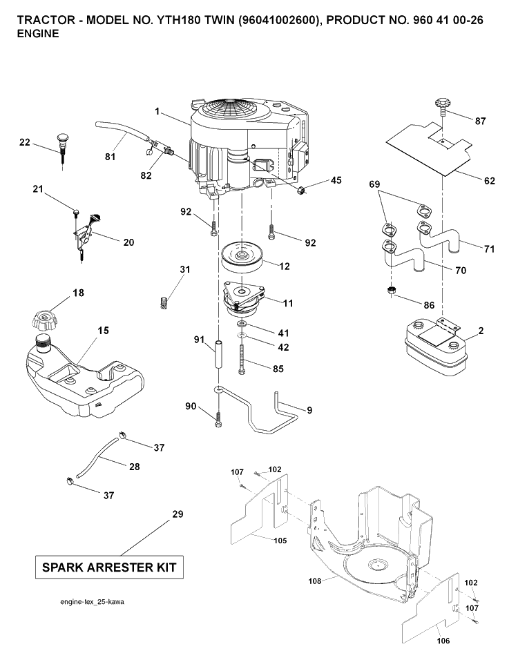 Engine Diagram and Parts List for YTH180 (96041002600)(2007-02) Husqvarna Lawn Tractor