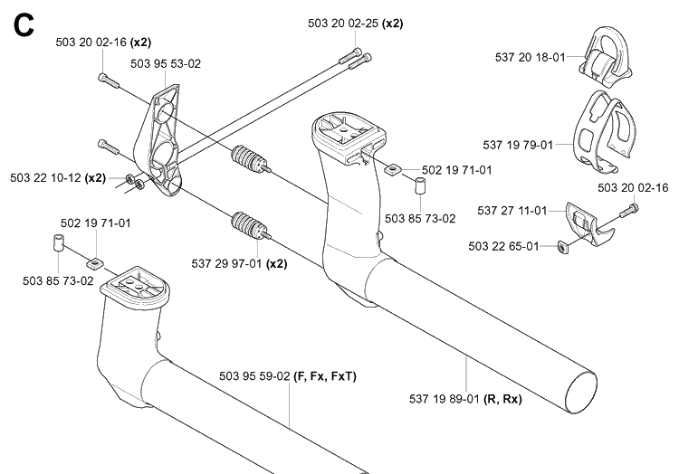 Tower Diagram and Parts List for 343F 20043100001-20064000000 Husqvarna Brush Cutter