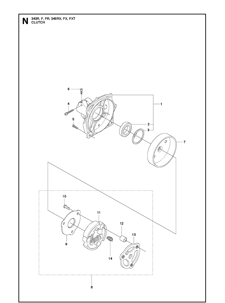 Clutch Diagram and Parts List for 343F  Husqvarna Brush Cutter