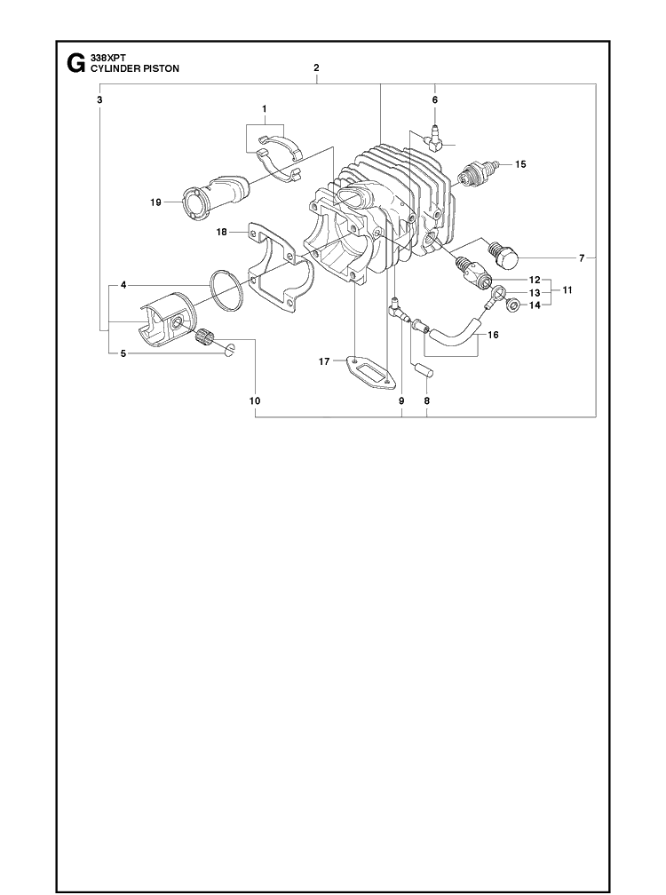 Cylinder Piston Diagram and Parts List for 338XPT 20100600001-Current Husqvarna Chainsaw