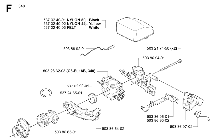 Carburetor And Air Filter Diagram and Parts List for 340E 20051800001-20062300000 Husqvarna Chainsaw