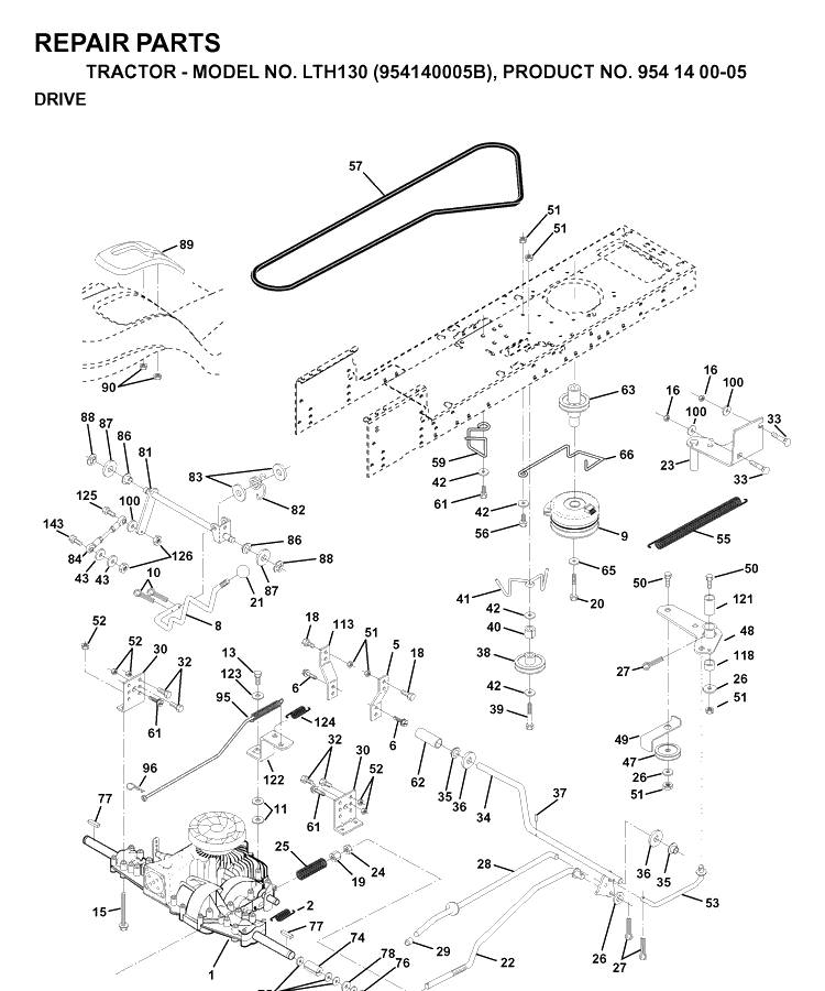Drive Diagram and Parts List for LTH130 (954140005B)(1997-01) Husqvarna Lawn Tractor
