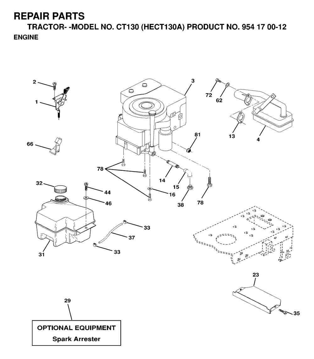 Engine And Cutting Equipment Diagram and Parts List for CT130 (954170012-A)(1999-03) Husqvarna Lawn Tractor