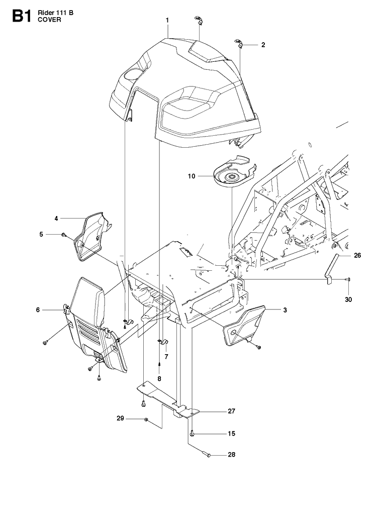 Cover Diagram and Parts List for R111B (965996801)(2011-02) Husqvarna Lawn Mower