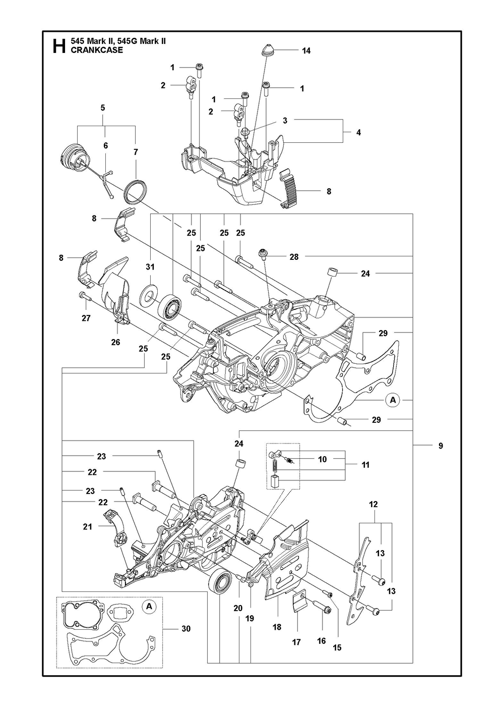 Crankcase Diagram and Parts List for 545GMARKII  Husqvarna Chainsaw