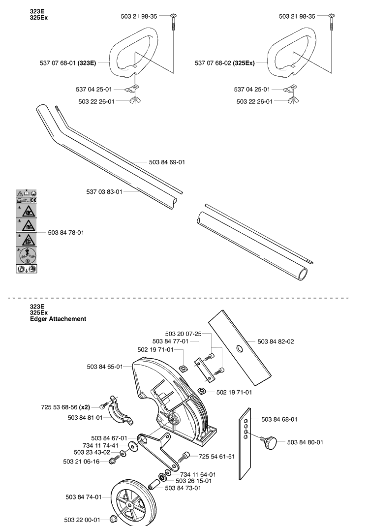 Shaft / Tube / Handle / Blade / Guard Diagram and Parts List for 323E 2006-04 Husqvarna Edger
