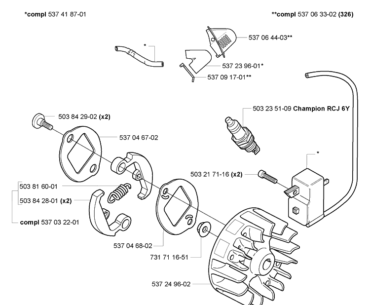 Ignition/Flywheel Diagram and Parts List for 323L 2007-01 Husqvarna Trimmer