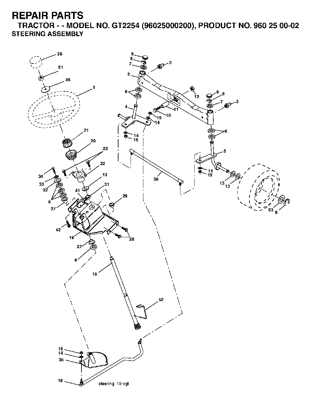 Steering Diagram and Parts List for GT2254 (96025000200)(2005-05) Husqvarna Lawn Tractor