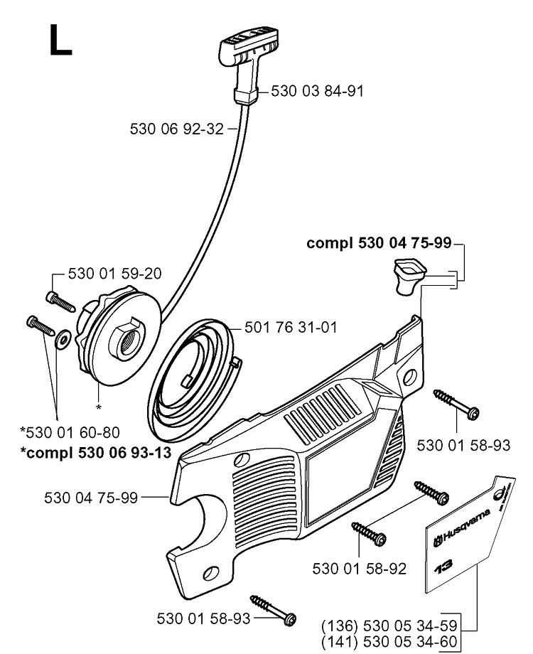 Starter Diagram and Parts List for 141 20013500001-20030100000 Husqvarna Chainsaw