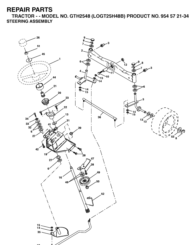 Steering Diagram and Parts List for GTH2548-LOGT25H48B 2003-12 Husqvarna Lawn Tractor