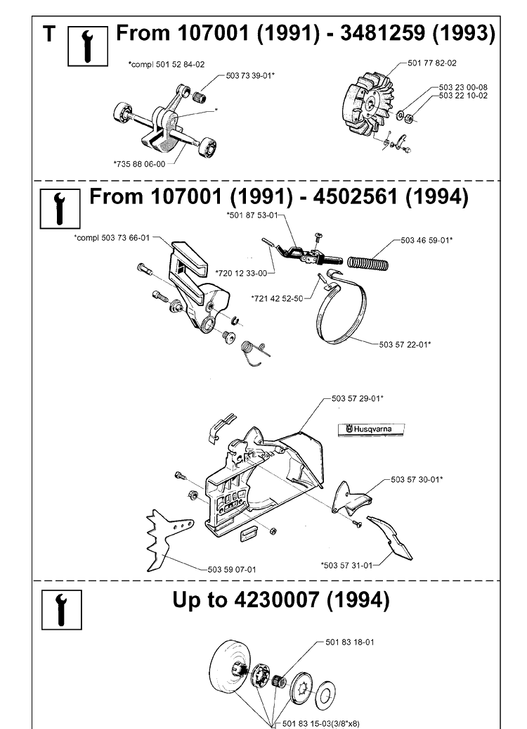 Service Updates Diagram and Parts List for 61 20014000001-20110100000 Husqvarna Chainsaw