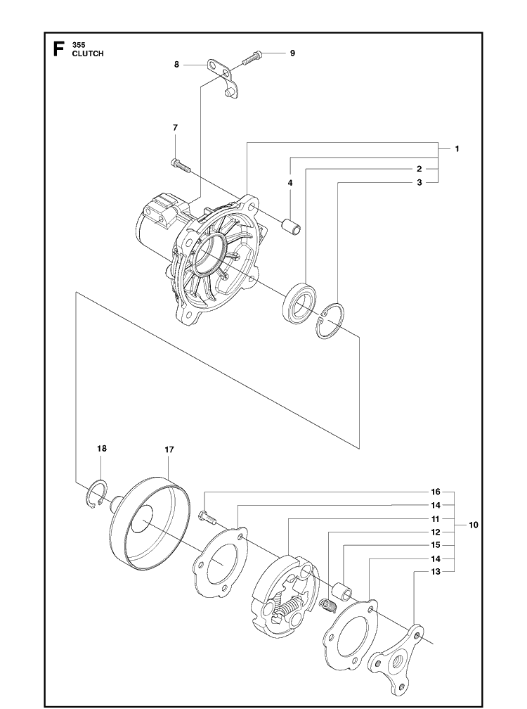 Clutch Diagram and Parts List for 355FXT  Husqvarna Brush Cutter