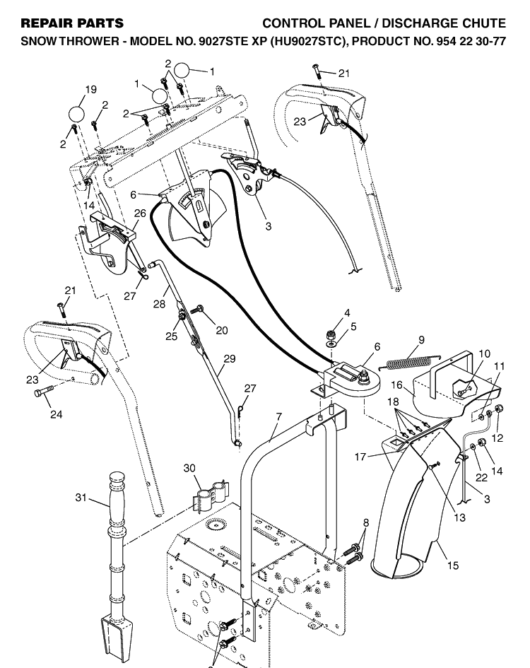 Control Panel And Discharge Chute Diagram and Parts List for 9027STE (HU9027STC)(2004-07) Husqvarna Snow Blower