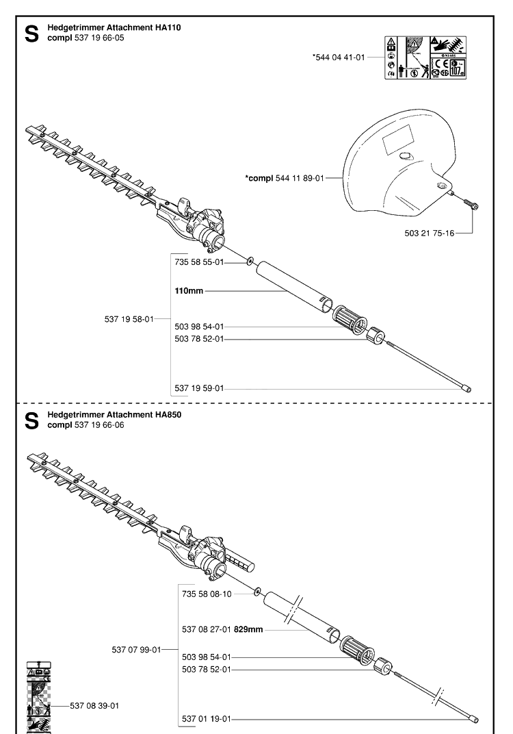 Attachments Diagram and Parts List for HA850 20053600001-20070100000 Husqvarna Hedge Trimmer