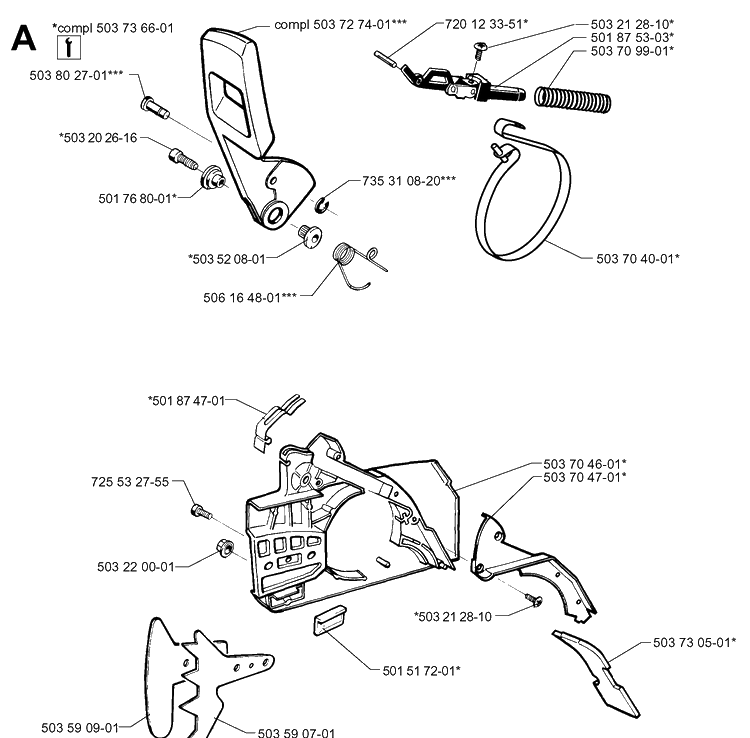 Chain Brake Diagram and Parts List for 61 20014000001-20110100000 Husqvarna Chainsaw