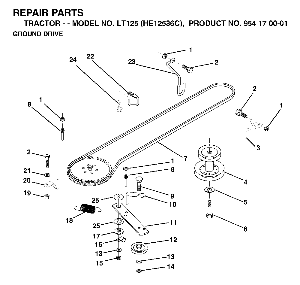 Drive Diagram and Parts List for LT125 (HE12536C, 954170001)(1998-03) Husqvarna Lawn Tractor