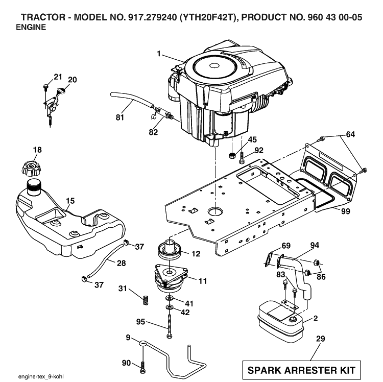 Engine Diagram and Parts List for YTH20F42T (917279240)(2006-02) Husqvarna Lawn Tractor