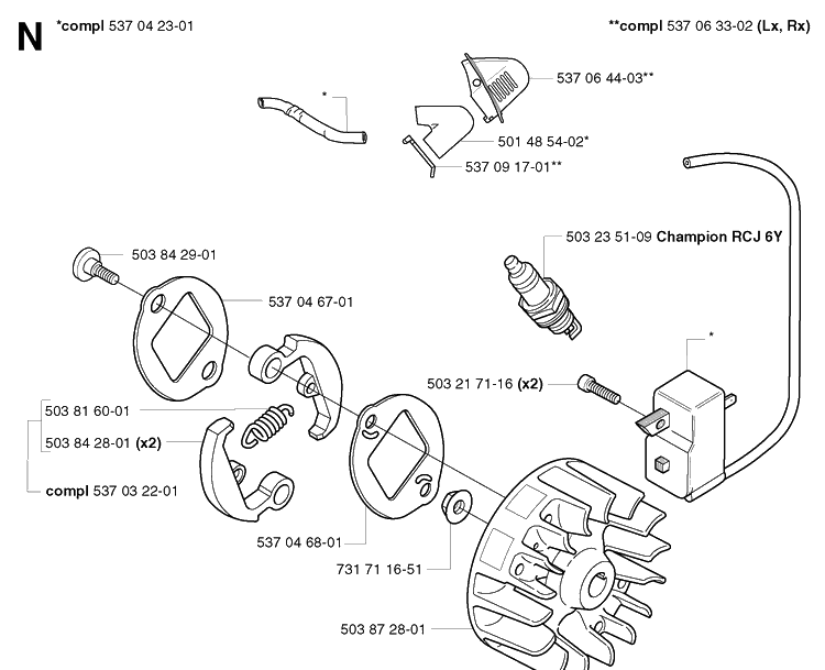 Ignition System And Clutch Diagram and Parts List for 326LX 20023100001-20041000000 Husqvarna Edger