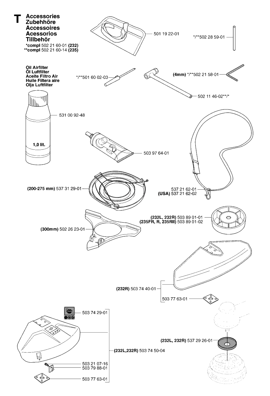 Accessories Diagram and Parts List for 232R 20144900001 & Above Husqvarna Trimmer