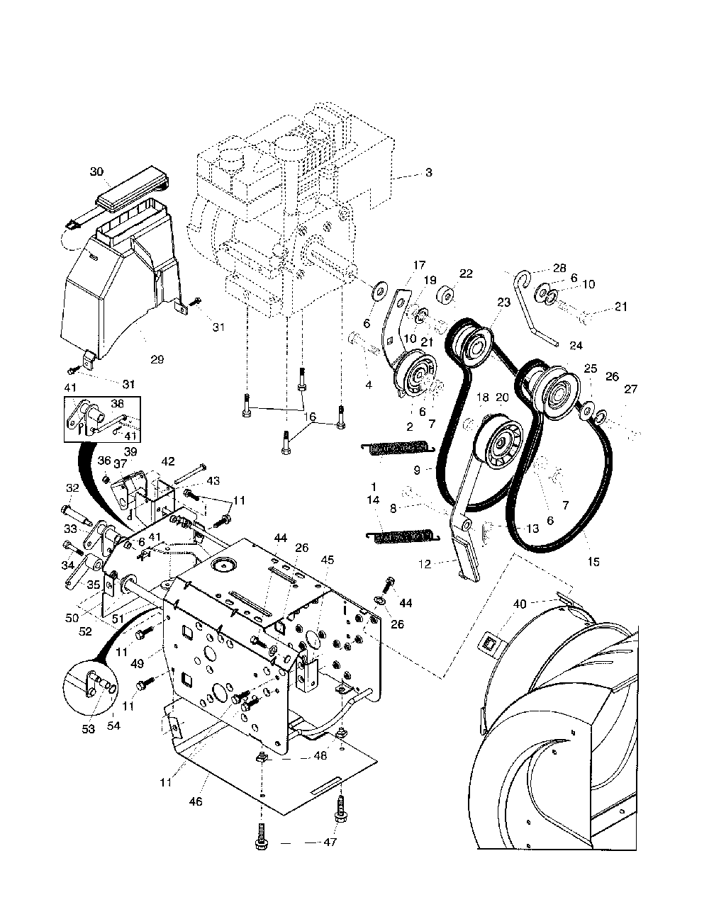 Chassis/engine/pulleys Diagram and Parts List for HL8527STEA  Husqvarna Snow Blower