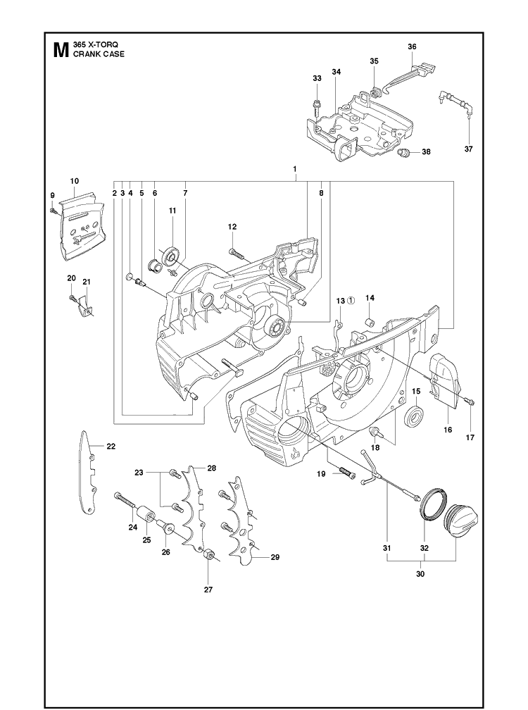 Crankcase Diagram and Parts List for 365 X-TORQ Husqvarna Chainsaw