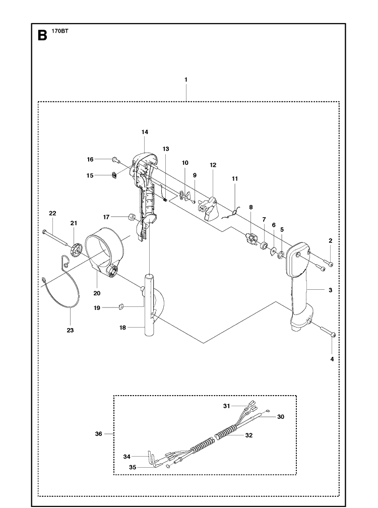 Handle And Controls Diagram and Parts List for 170BT 20084000001-Current Husqvarna Leaf Blower / Vacuum