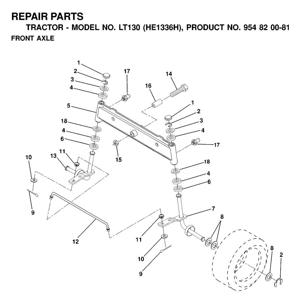Front Axle Diagram and Parts List for LT130 (954820081-H)(2000-03) Husqvarna Lawn Tractor