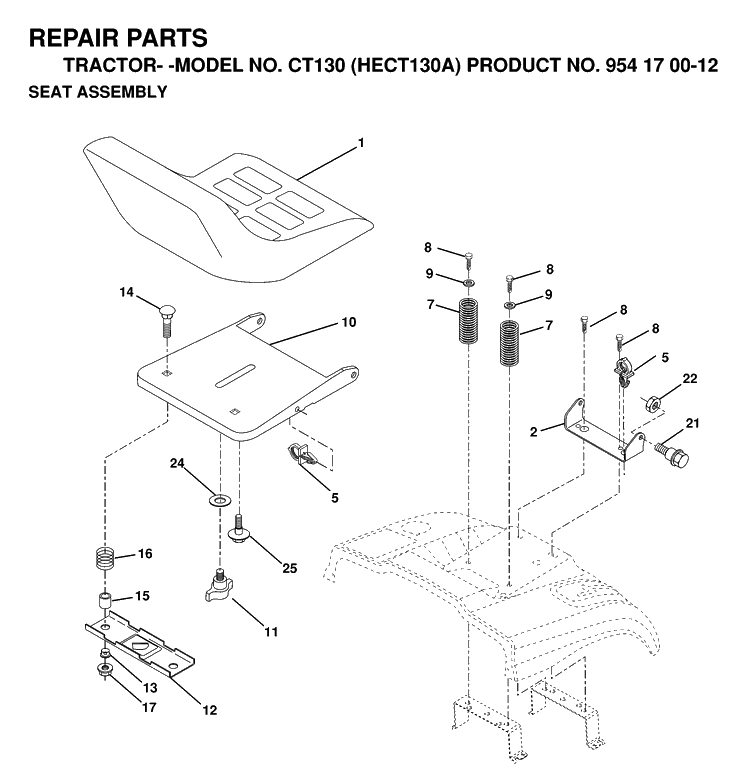 Seat Diagram and Parts List for CT130 (HECT130A)(1999-03) Husqvarna Lawn Tractor