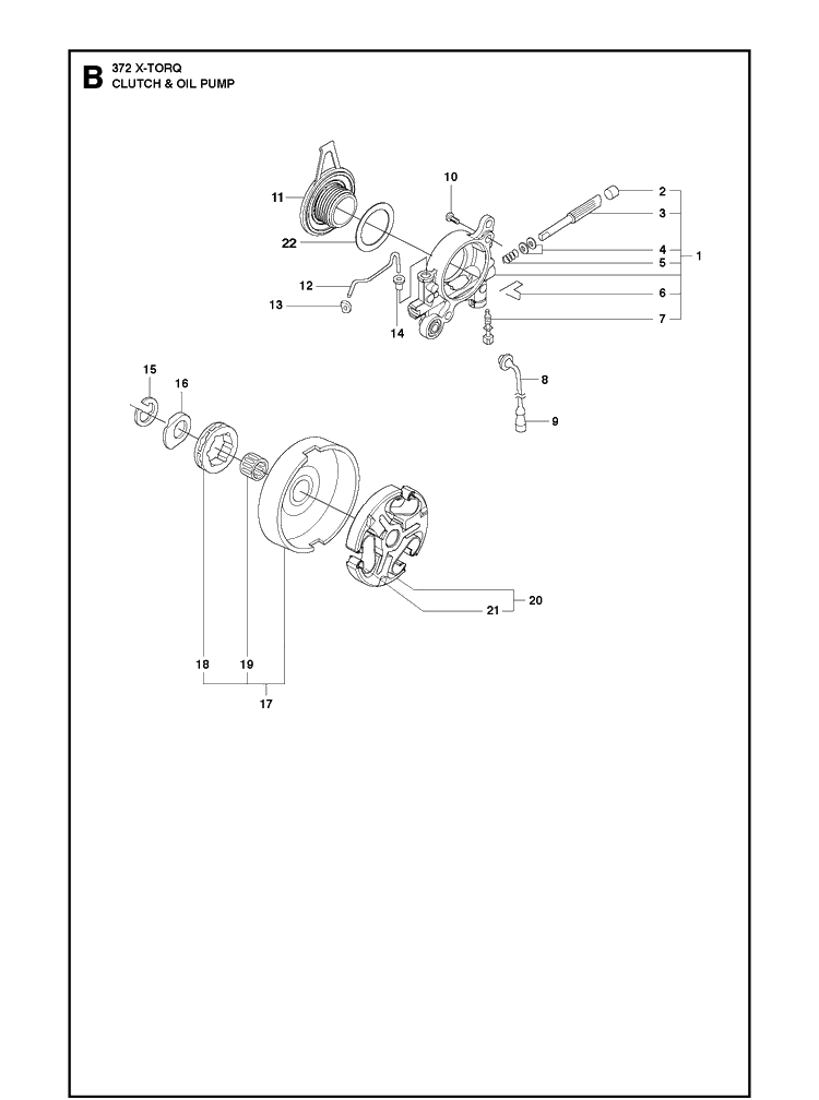Clutch And Oil Pump 4 Diagram and Parts List for 372XP XPG X-TORQ Husqvarna Chainsaw