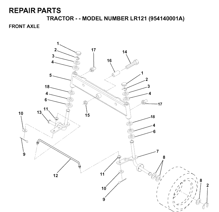 Front Axle Diagram and Parts List for LR121 (954140001A)(1997-01) Husqvarna Lawn Tractor