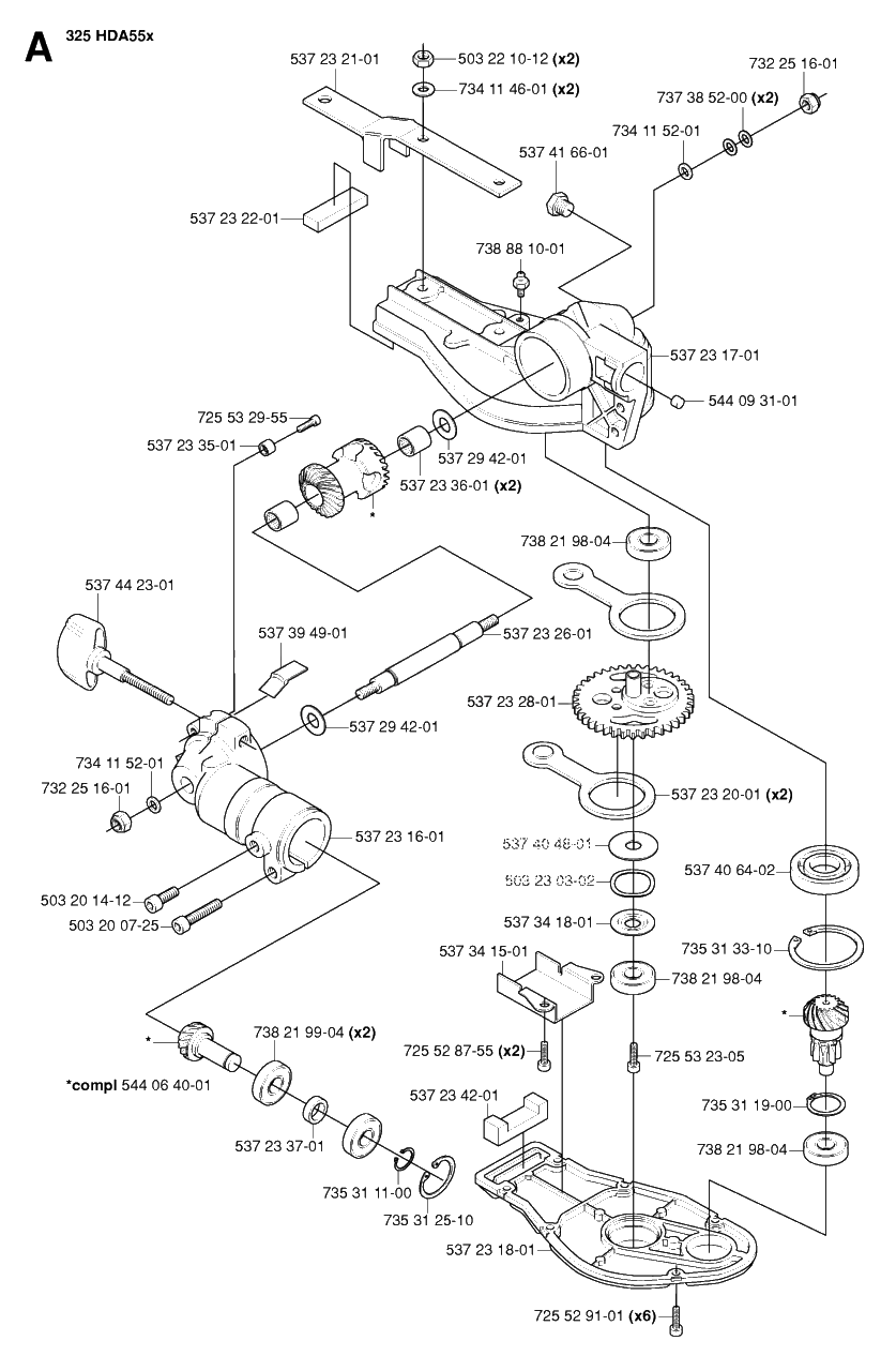 Gear Housing 2 Diagram and Parts List for 325HDA55X 20054000001 & Above Husqvarna Hedge Trimmer
