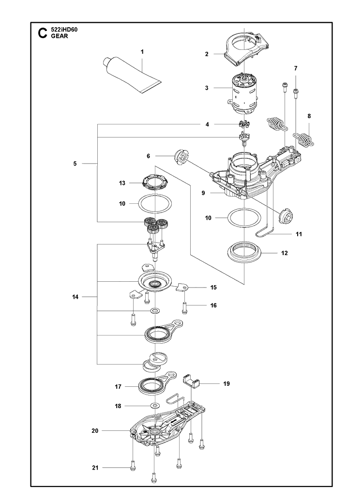 Gears Diagram and Parts List for 522IHD60  Husqvarna Hedge Trimmer