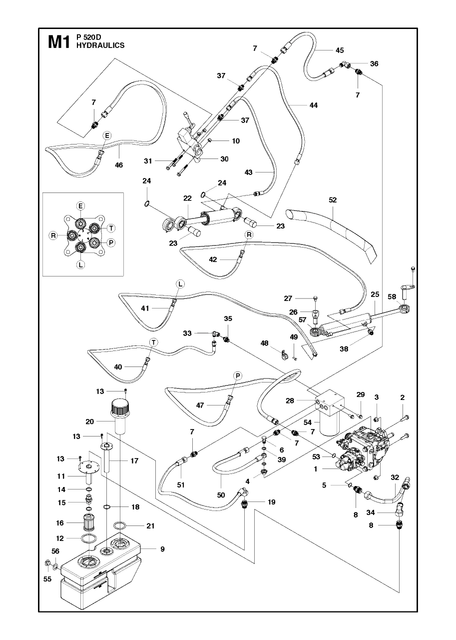 Hydraulics 3 Diagram and Parts List for P520D 20120100001 - 20143999999 Husqvarna Lawn Tractor