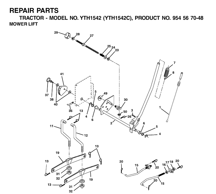 Mower Lift / Deck Lift Diagram and Parts List for YTH1542 (954567048)(2001-04) Husqvarna Lawn Tractor