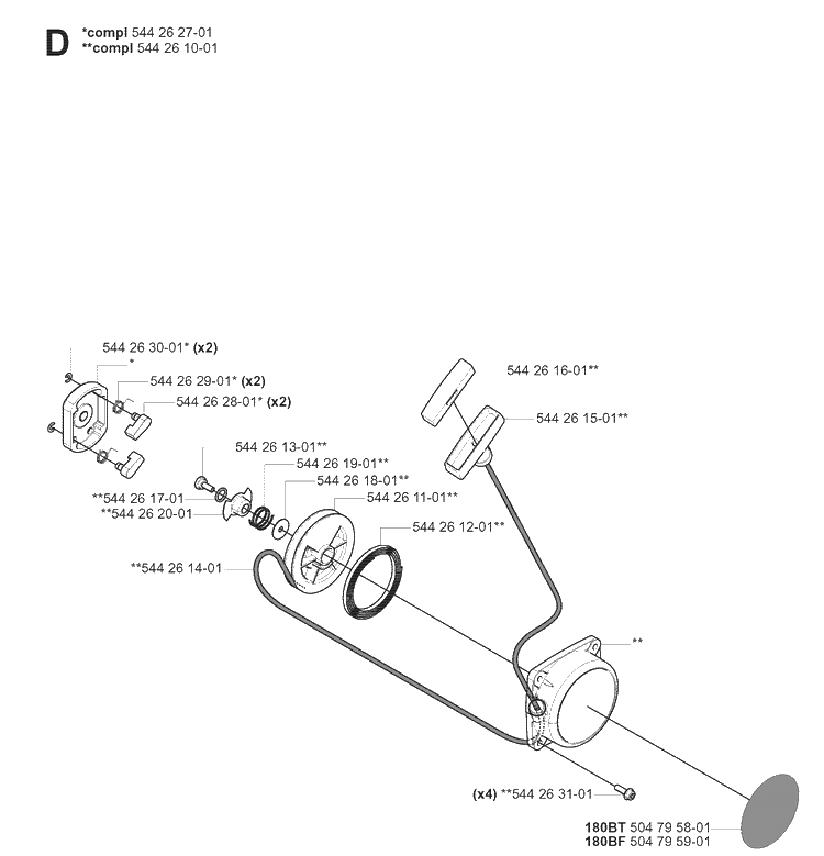 Starter Diagram and Parts List for 180BF 20080500001-20084000000 Husqvarna Leaf Blower / Vacuum