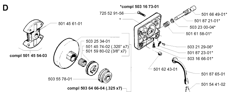 Clutch And Oil Pump Diagram and Parts List for 257 19960100001-19980900000 Husqvarna Chainsaw