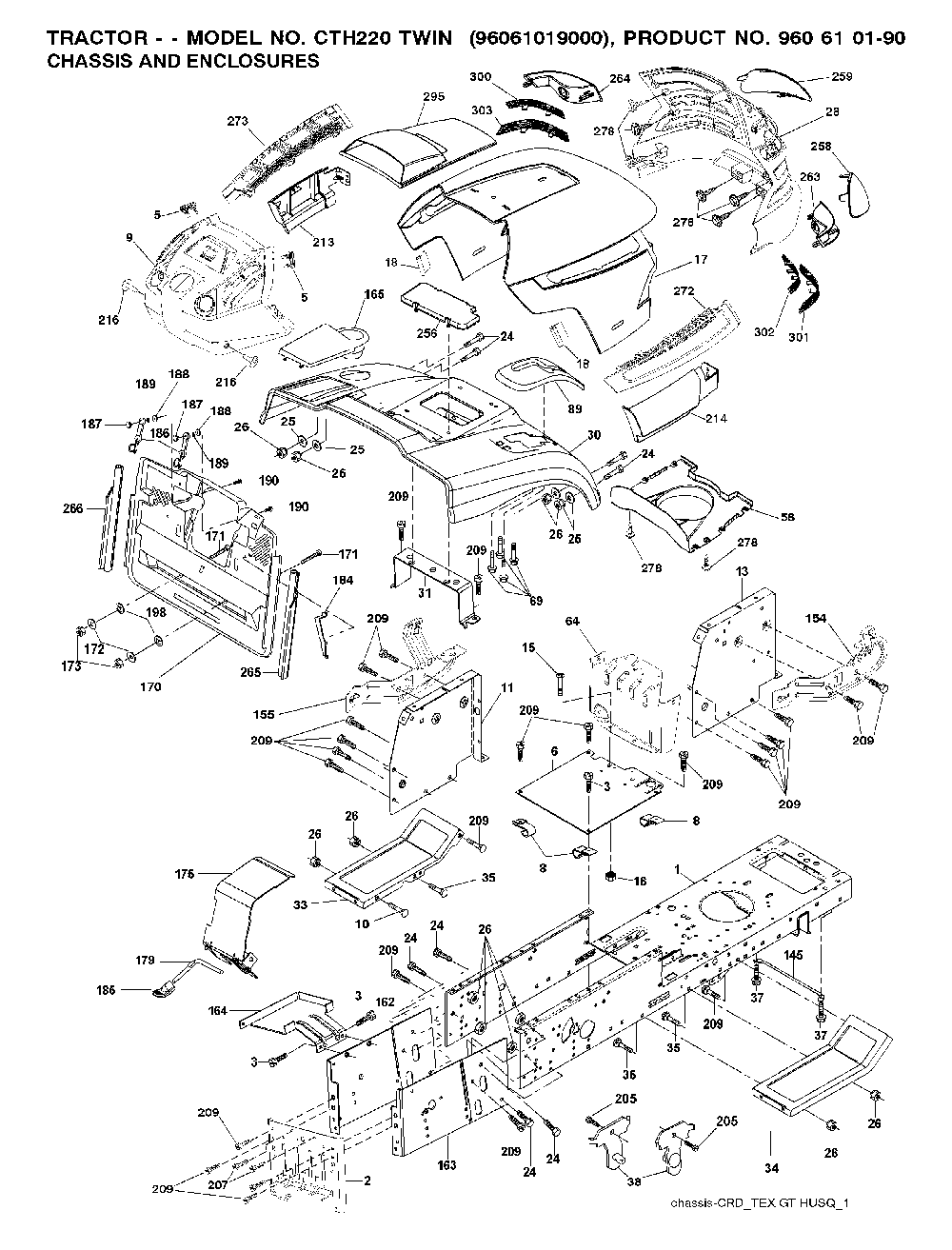 Chassis And Enclosures Diagram and Parts List for CTH220TWIN (96061019000)(2007-02) Husqvarna Lawn Tractor