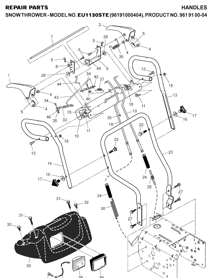 Handle Diagram and Parts List for 1130STE (96191000404)(2007-01) Husqvarna Snow Blower