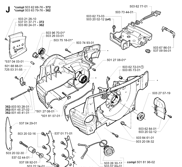 Crankcase Diagram and Parts List for 372XP/ (XPG)(20014000001-20034000000) Husqvarna Chainsaw